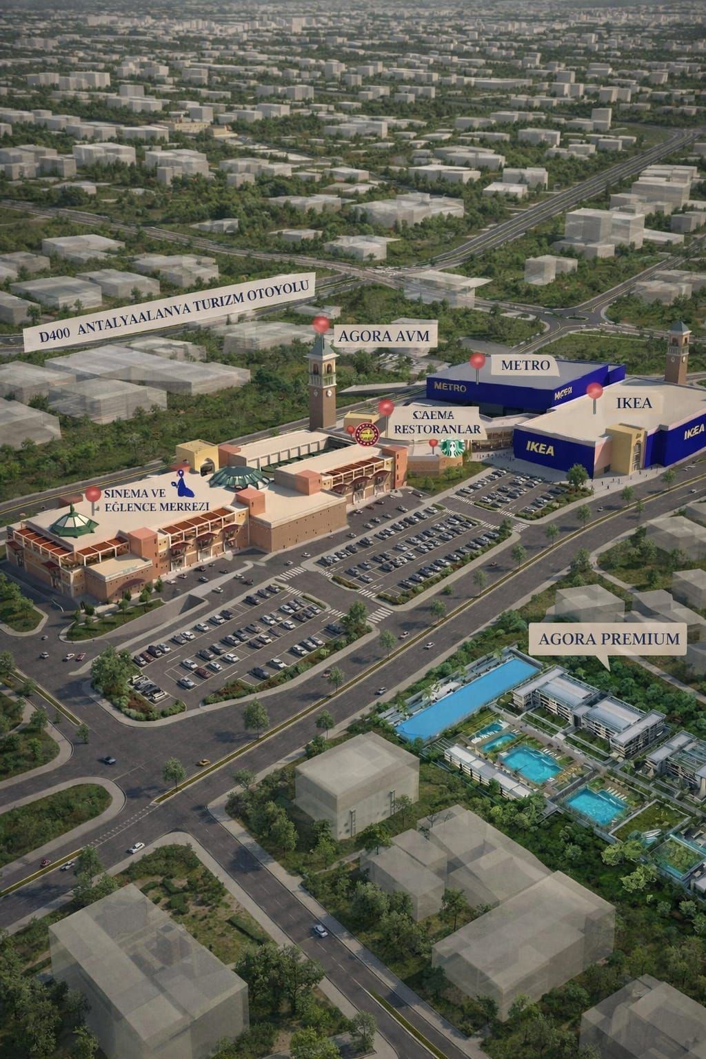 Agora Premium Suites — aerial view of the site beside Agora Mall and D-400